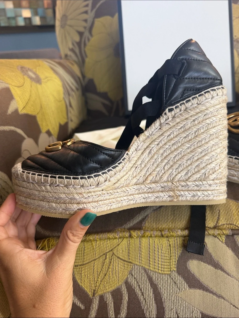 Gucci Black Leather Espadrille Wedges with Gold Double G